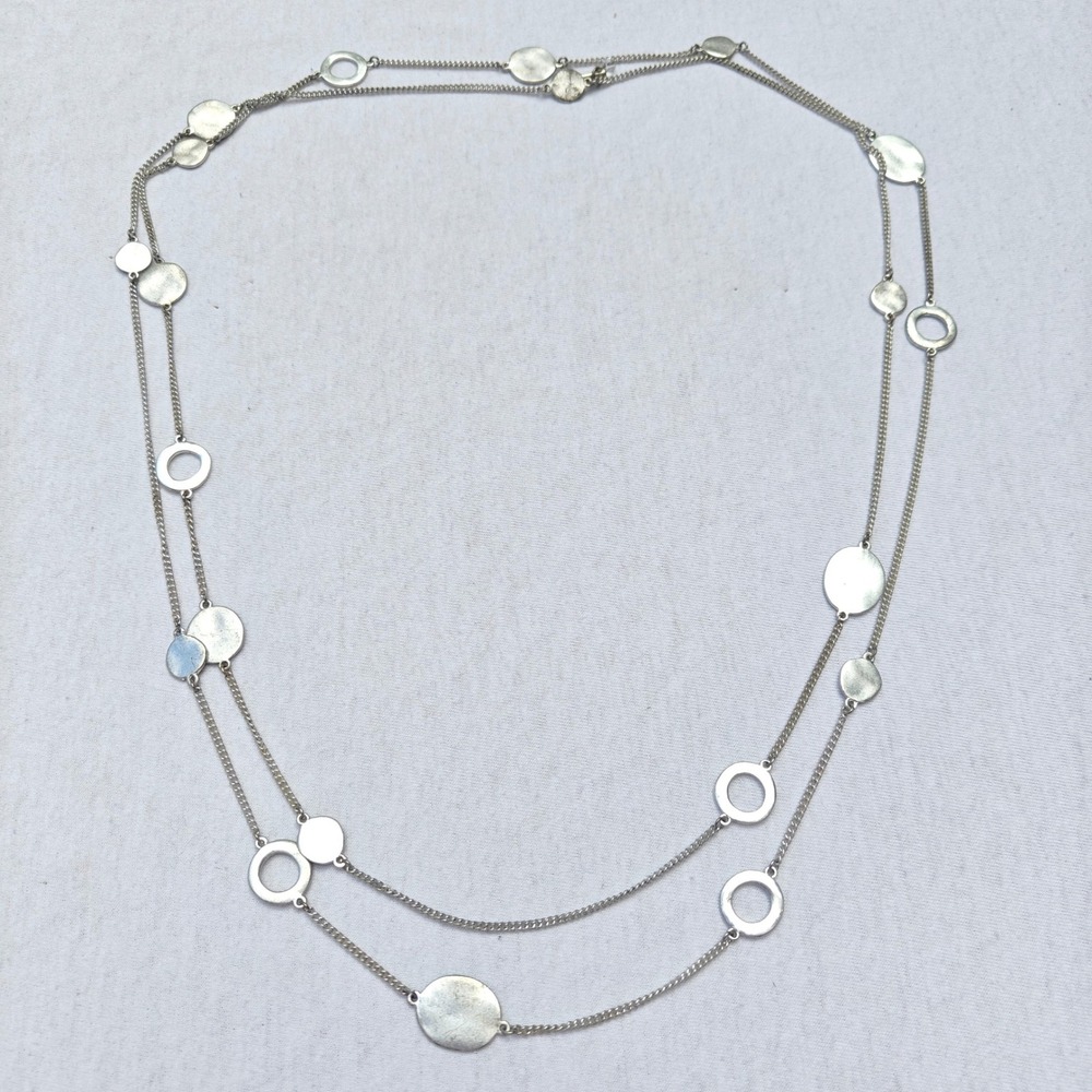Kenneth Cole Silver Tone Double Strand Long Necklace Circle Disc Station